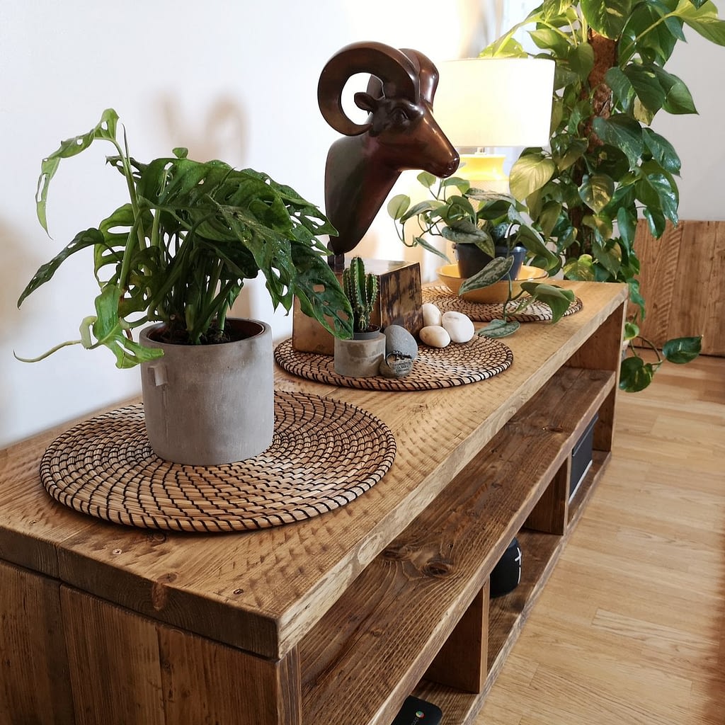 A rustic tv media unit with goat head ornament