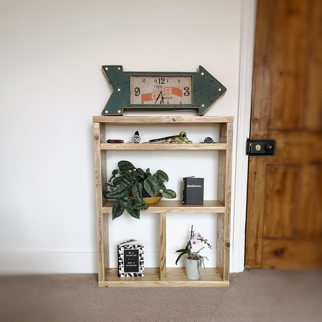 A rustic bookcase unit with plants