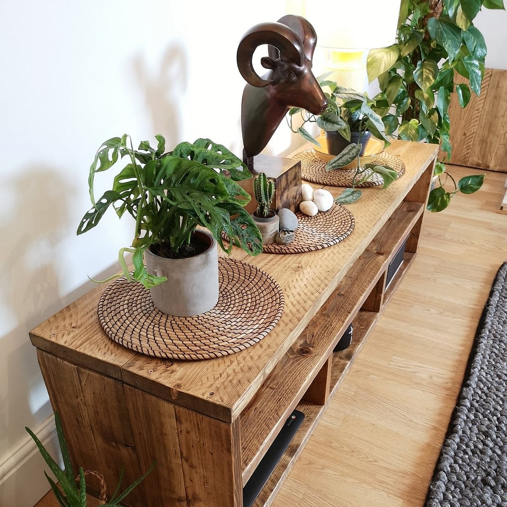 A rustic tv media unit with goat head ornament and plants