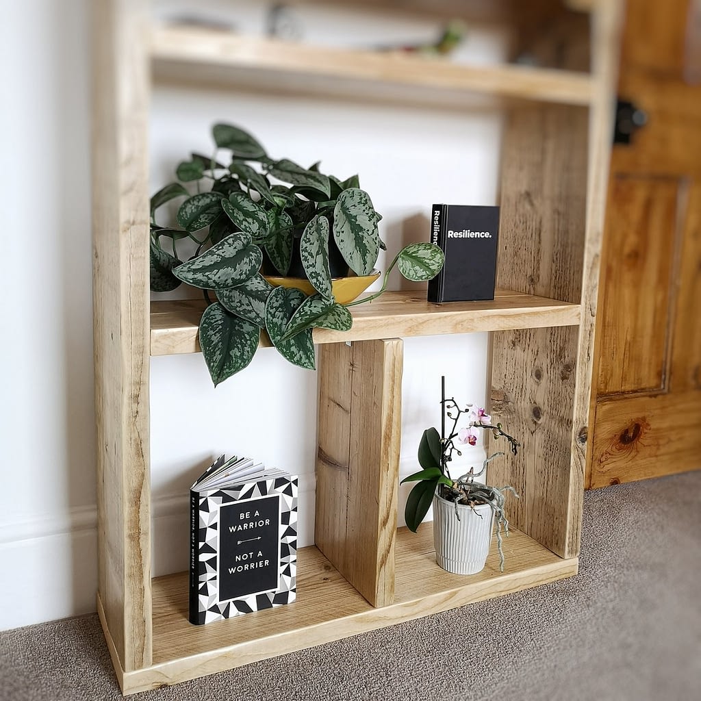 A rustic bookcase unit with plants